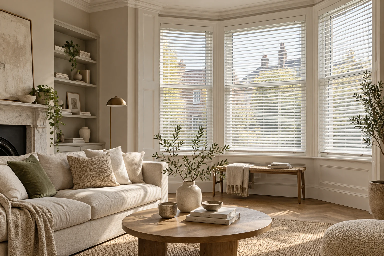 Warm neutral living room with white Venetian blinds filtering sunlight