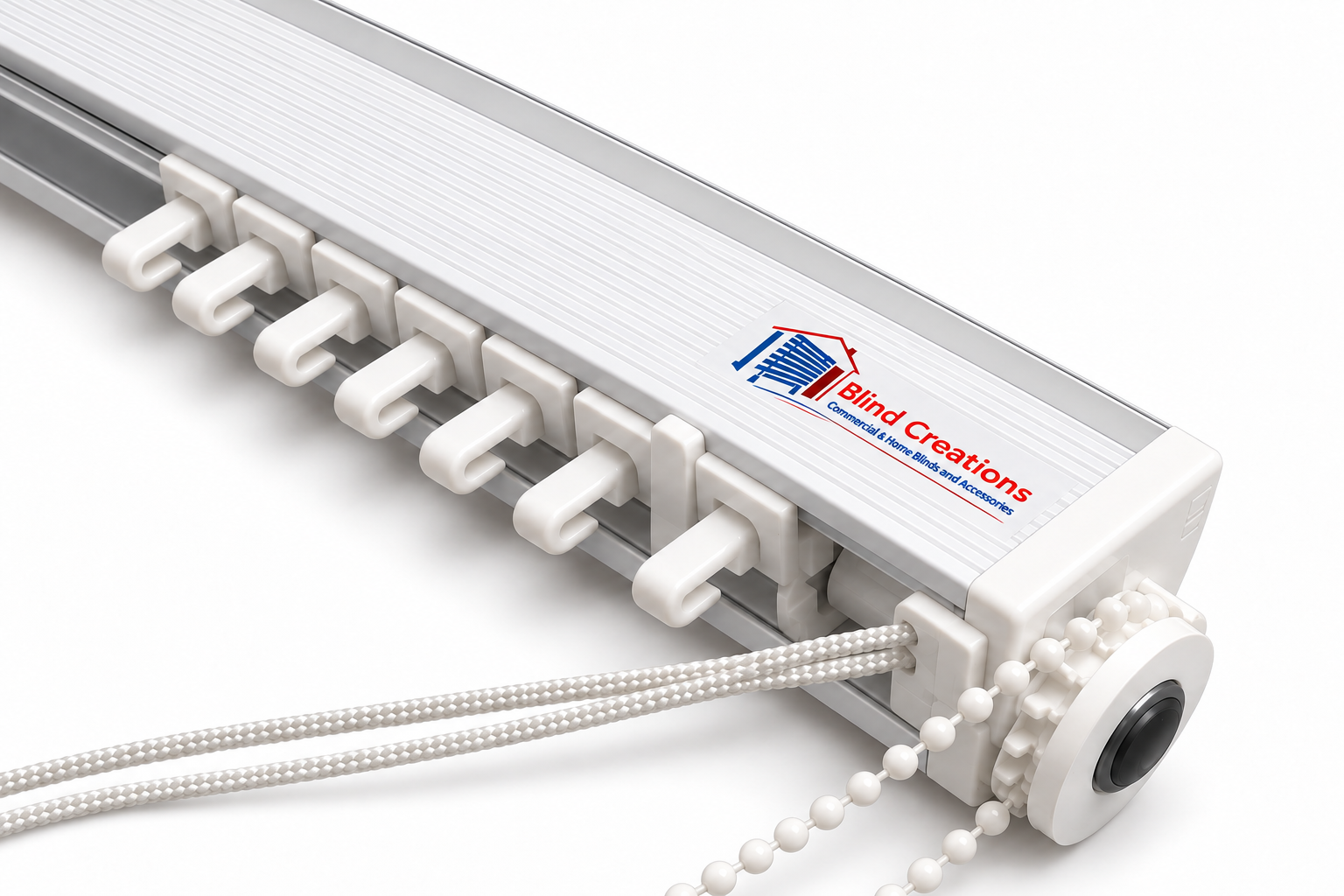 Slimline vertical headrail with white carriers, attached cord and beaded chain